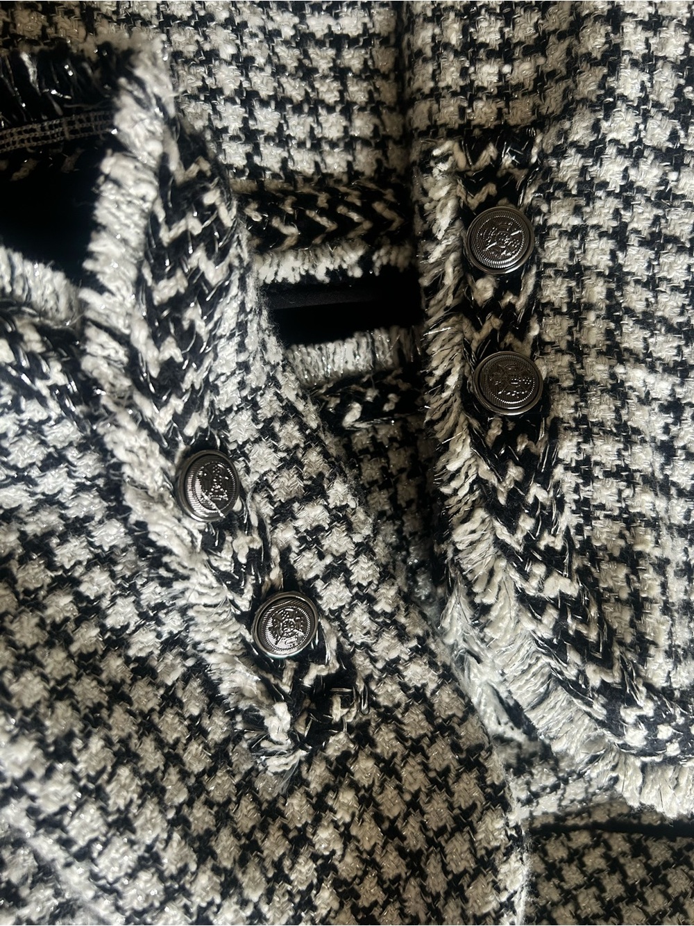 Black & White Tweed Collarless Jacket with Frayed edge detailing - Picture 11 of 17